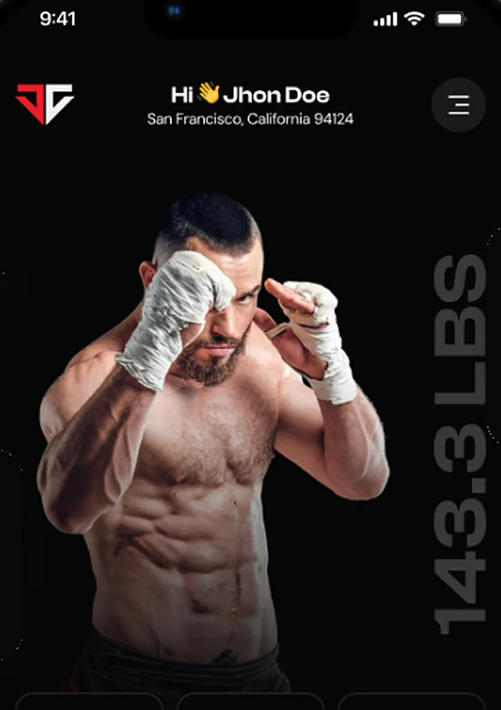 Cage Connect app home screen featuring a fighter card